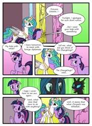 Size: 762x1048 | Tagged: safe, artist:lazingabout94, imported from derpibooru, princess celestia, queen chrysalis, twilight sparkle, changeling, comic