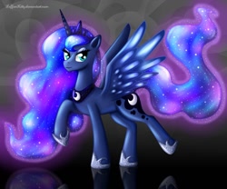 Size: 1200x1000 | Tagged: safe, artist:leffenkitty, imported from derpibooru, princess luna, female, glow, glowing, reflection, smiling, solo