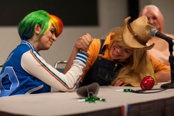 Size: 640x427 | Tagged: safe, artist:grim-tales, imported from derpibooru, applejack, rainbow dash, human, anime expo, anime expo 2012, cosplay, irl, irl human, photo