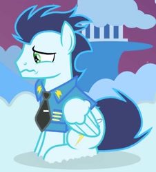 Size: 576x636 | Tagged: safe, artist:soarinpie, imported from derpibooru, soarin', cloudsdale, male, sad, solo, wonderbolts dress uniform