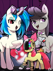 Size: 800x1070 | Tagged: safe, artist:cakewasgood, imported from derpibooru, apple bloom, octavia melody, scootaloo, sweetie belle, vinyl scratch, earth pony, pegasus, pony, unicorn, bow, bowtie, clothes, cutie mark crusaders, daft punk, deadmau5, female, hair bow, mare, one eye closed, sunglasses