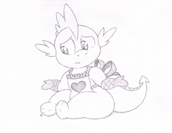 Size: 998x774 | Tagged: safe, artist:joey darkmeat, imported from derpibooru, spike, dragon, apron, chubby, clothes, male, monochrome, naked apron, oven mitts, sketch, solo, traditional art