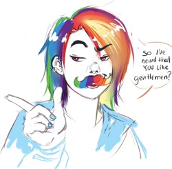 Size: 800x783 | Tagged: safe, artist:glasmond, imported from derpibooru, rainbow dash, human, dialogue, female, humanized, mousdash, moustache, nail polish, solo