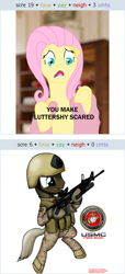 Size: 252x554 | Tagged: safe, imported from derpibooru, fluttershy, pony, bipedal, exploitable meme, gun, juxtaposition, juxtaposition win, marine, meme, military, rifle, scared