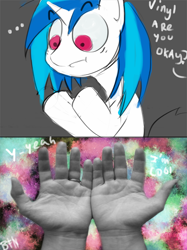 Size: 500x670 | Tagged: artist needed, safe, imported from derpibooru, dj pon-3, vinyl scratch, female, hallucination, hand, solo, trippy, wat