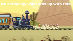 Size: 929x522 | Tagged: safe, edit, edited screencap, imported from derpibooru, screencap, caboose, evening star, full steam, john bull, promontory, earth pony, pony, over a barrel, caption, desert, male, stallion, train