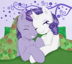 Size: 942x848 | Tagged: safe, imported from derpibooru, rarity, oc, oc:kydose, pegasus, pony, unicorn, bed, canon x oc, laughing, love, raridose, shipping, snuggling
