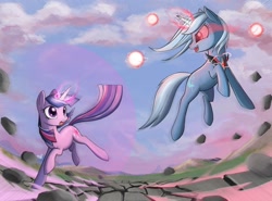 Size: 1800x1335 | Tagged: safe, artist:geminas0wng, imported from derpibooru, trixie, twilight sparkle, magic duel, alicorn amulet, epic, fight, force field, glowing eyes, magic