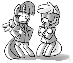 Size: 968x828 | Tagged: safe, artist:fauxsquared, imported from derpibooru, applejack, twilight sparkle, alicorn, pony, bipedal, clothes, female, grayscale, mare, monochrome, suit, sunglasses, twilight sparkle (alicorn)