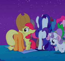 Size: 578x540 | Tagged: safe, imported from derpibooru, screencap, apple bloom, applejack, fluttershy, pinkie pie, rainbow dash, rarity, spike, sweetie belle, dragon, earth pony, pegasus, pony, unicorn, owl's well that ends well, adorabloom, animated, bow, butt, butt touch, climbing, cropped, cute, diasweetes, female, filly, hair bow, hoof on butt, male, mare, open mouth, pile, plot, pony pile, sisters, smiling, stargazing, tower of pony