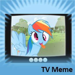 Size: 250x250 | Tagged: safe, imported from derpibooru, rainbow dash, pegasus, pony, derp, exploitable meme, female, mare, official spoiler image, solo, spoilered image joke, television, tongue out, tv meme