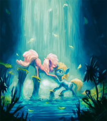 Size: 1420x1600 | Tagged: safe, artist:assasinmonkey, imported from derpibooru, oc, oc only, oc:sonik, oc:tropical breeze, pony, crepuscular rays, forest, glow, glowing, water, waterfall