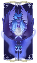 Size: 458x785 | Tagged: safe, artist:dashiana, imported from derpibooru, nightmare moon, princess luna, blackletter, card, duality, sad, simple background, stars, transparent background, upside down