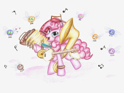 Size: 1024x768 | Tagged: safe, artist:sushimango, imported from derpibooru, pinkie pie, parasprite, accordion, banjo, cymbals, drums, female, harmonica, musical instrument, one man band, solo, sousaphone, tambourine, traditional art, tuba