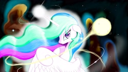 Size: 3600x2040 | Tagged: safe, artist:bludraconoid, imported from derpibooru, princess celestia, female, looking at you, solo, sun