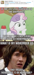 Size: 500x1107 | Tagged: safe, imported from derpibooru, sweetie belle, season 4, conspiracy keanu, exploitable meme, meghan mccarthy, meme, text, twitter