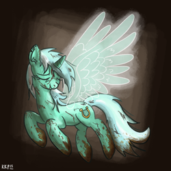 Size: 1100x1100 | Tagged: safe, artist:king-kakapo, imported from derpibooru, lyra heartstrings, pony, unicorn, /mlp/, angel, angelic wings, dirty, ear fluff, eyes closed, female, injured, messy hair, messy mane, mud, smiling, solo, wings