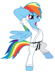 Size: 778x1026 | Tagged: safe, imported from derpibooru, rainbow dash, pegasus, pony, bipedal, black belt, clothes, female, gi, karate, mare, simple background, solo, transparent background, vector