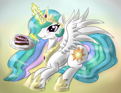 Size: 2919x2259 | Tagged: safe, artist:malamol, imported from derpibooru, princess celestia, pony, cake, cakelestia, eating, female, magic, solo