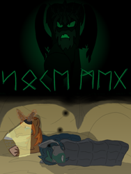 Size: 600x800 | Tagged: safe, artist:wryte, imported from derpibooru, oc, oc only, alicorn, earth pony, pony, unicorn, beard, book, camping, crown, crying, dream, flashlight (object), futhark, newbie artist training grounds, runes, sleeping bag, tent