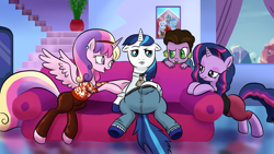 Size: 1920x1080 | Tagged: safe, artist:doublewbrothers, imported from derpibooru, night light, princess cadance, shining armor, spike, twilight sparkle, twilight velvet, semi-anthro, alternate hairstyle, american gothic, clothes, couch, crossover, crystal empire, earring, floppy ears, headband, lidded eyes, married with children, necktie, open mouth, pants, picture, potted plant, shirt, shorts, sitting, tight clothing, wallpaper, window