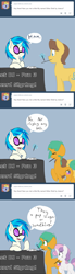 Size: 500x1800 | Tagged: safe, artist:kryptchild, imported from derpibooru, caramel, dj pon-3, snails, sweetie belle, vinyl scratch, earth pony, pony, unicorn, ask glitter shell, ask transdjpon-3, ask, autograph, cd, comic, cute, glitter shell, headphones, levitation, magic, pen, record scrape, table, telekinesis, trans vinyl, transgender, tumblr