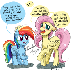 Size: 945x924 | Tagged: safe, artist:lucidlarceny, imported from derpibooru, fluttershy, rainbow dash, pegasus, pony, awkward, blank flank, blushing, dialogue, duo, female, filly, filly fluttershy, filly rainbow dash, floppy ears, lies, raised hoof, speech bubble, younger