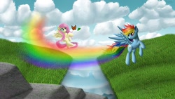 Size: 1024x576 | Tagged: safe, artist:michellka, imported from derpibooru, fluttershy, rainbow dash, butterfly, flying, rainbow, river