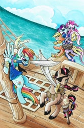 Size: 787x1195 | Tagged: safe, artist:brendahickey, idw, imported from derpibooru, applejack, captain hoofbeard, fluttershy, pinkie pie, rainbow dash, rarity, twilight sparkle, earth pony, pegasus, pony, unicorn, amputee, bound together, braid, braided tail, cover, eyepatch, female, jewelry, mane six, mare, mouth hold, peg leg, pirate, pirate ship, prosthetic leg, prosthetic limb, prosthetics, sword, sword fight, tied up, walking the plank
