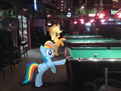 Size: 2048x1536 | Tagged: safe, artist:tokkazutara1164, imported from derpibooru, applejack, rainbow dash, atm, bar, chair, irl, photo, ponies in real life, pool table, shipping, vector