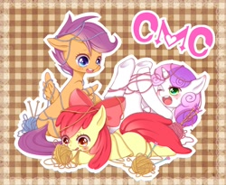 Size: 1100x900 | Tagged: safe, artist:yuzuko, imported from derpibooru, apple bloom, scootaloo, sweetie belle, earth pony, pegasus, pony, unicorn, behaving like a cat, cute, cutie mark crusaders, dumb fabric, entangled, floppy ears, pixiv, stuck, tangled up, wool, yarn, yarn ball