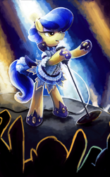 Size: 1791x2874 | Tagged: safe, artist:eiolf, artist:r0b0tassassin, imported from derpibooru, sapphire shores, earth pony, pony, clothes, female, hat, hoof shoes, mare, microphone, performance, solo, stage