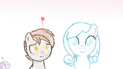 Size: 1024x576 | Tagged: safe, artist:kittykai-art, imported from derpibooru, button mash, sweetie belle, oc, oc:snowdrop, buttonbetes, cute, foal, heart, jealous, nervous, shipping, snowbetes, time paradox