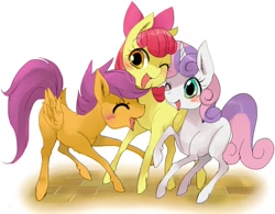 Size: 680x530 | Tagged: dead source, safe, artist:pasikon, imported from derpibooru, apple bloom, scootaloo, sweetie belle, earth pony, pegasus, pony, unicorn, blushing, cutie mark crusaders, eyes closed, female, filly, one eye closed, pixiv, simple background, white background, wink