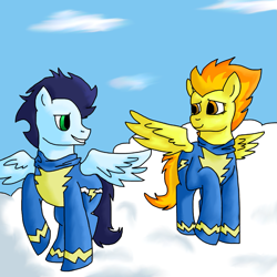 Size: 995x995 | Tagged: safe, artist:crazyhuskyarchive, imported from derpibooru, soarin', spitfire, pegasus, pony, female, male, shipping, soarinfire, straight, wings