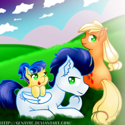 Size: 500x500 | Tagged: safe, artist:genayre, imported from derpibooru, applejack, soarin', oc, cloud, cute, female, grass, grass field, male, offspring, outdoors, parent:applejack, parent:soarin', parents:soarinjack, shipping, soarinjack, straight