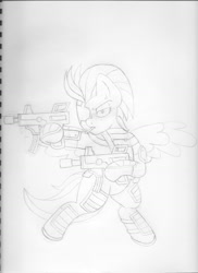 Size: 1338x1840 | Tagged: safe, artist:blackbewhite2k7, imported from derpibooru, lightning dust, deathstroke, dual wield, female, gun, monochrome, sketch, solo, submachinegun, traditional art, wip