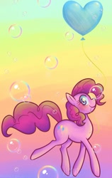 Size: 631x1000 | Tagged: artist needed, safe, artist:niezow, imported from derpibooru, pinkie pie, earth pony, balloon, blushing, bubble, female, heart, heart balloon, solo