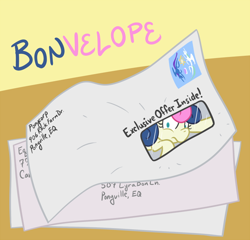 Size: 650x624 | Tagged: safe, artist:atlur, deleted from derpibooru, imported from derpibooru, bon bon, princess celestia, princess luna, sweetie drops, bon bon is not amused, bonafied, bonpun, envelope, micro, solo, tiny ponies