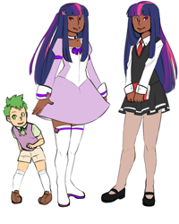 Size: 800x1000 | Tagged: safe, artist:mylittlemahoushoujo-moved, imported from derpibooru, spike, twilight sparkle, human, book, clothes, dark skin, duo, humanized, light skin, magical girl, pleated skirt, school uniform, schoolgirl, skirt