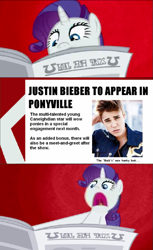 Size: 473x771 | Tagged: safe, edit, imported from derpibooru, rarity, human, pony, unicorn, abstract background, i'll destroy her, irl, irl human, justin bieber, newspaper, photo