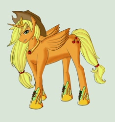 Size: 866x923 | Tagged: safe, artist:alexdemitri, imported from derpibooru, applejack, alicorn, pony, alicornified, applecorn, clothes, cowboy hat, elements of harmony, female, grin, hat, looking at you, race swap, shoes, simple background, smirk, solo, stetson, tiara