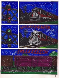 Size: 1280x1672 | Tagged: safe, artist:newyorkx3, imported from derpibooru, comic:twilight and the big city, comic, diesel locomotive, emd gp38-2, freight train, locomotive, new haven railroad, new york new haven and hartford railroad, rain, traditional art, train