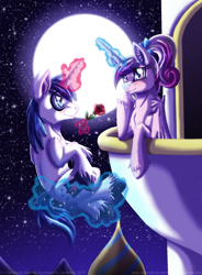 Size: 900x1221 | Tagged: safe, artist:inuhoshi-to-darkpen, imported from derpibooru, princess cadance, shining armor, alicorn, pony, unicorn, blushing, female, full moon, levitation, magic, male, moon, night, ponytail, rose, shiningcadance, shipping, sky, starry night, stars, straight, teen princess cadance, teen shining armor, telekinesis, unshorn fetlocks