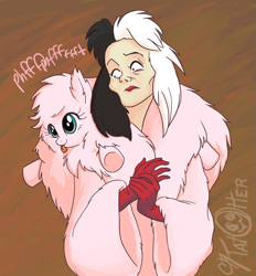 Size: 787x847 | Tagged: safe, artist:katotter, imported from derpibooru, oc, oc only, oc:fluffle puff, earth pony, human, pony, 101 dalmatians, :p, crossover, cruella de vil, featured image, frown, fur coat, smiling, tongue out, wide eyes