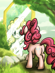 Size: 2625x3500 | Tagged: safe, artist:pirill, imported from derpibooru, pinkie pie, surprise, pony, 30 minute art challenge, confused, female, fluffy, g1, g1 to g4, g4, generation leap, mirror