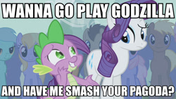 Size: 800x450 | Tagged: safe, edit, edited screencap, imported from derpibooru, screencap, rarity, spike, dragon, earth pony, pony, unicorn, boast busters, atop the fourth wall, bad pickup line spike, caption, female, godzilla (series), image macro, innuendo, male, mare, stallion, text