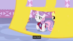 Size: 1023x576 | Tagged: safe, edit, edited screencap, imported from derpibooru, screencap, apple bloom, scootaloo, sweetie belle, earth pony, pony, unicorn, stare master, caption, cutie mark crusaders, female, filly, grin, looking at you, looking back, meme, nervous, raised hoof, smiling, solo focus, squee, underhoof, vulgar, youtube caption