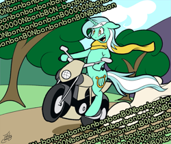 Size: 973x822 | Tagged: dead source, safe, artist:tlatophat, imported from derpibooru, lyra heartstrings, clothes, female, implied bon bon, lyra finds a blob on the floor, motorcycle, scarf, solo, tree