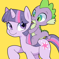 Size: 700x700 | Tagged: safe, artist:moyori, imported from derpibooru, spike, twilight sparkle, dragon, pony, unicorn, dragons riding ponies, female, male, mare, riding